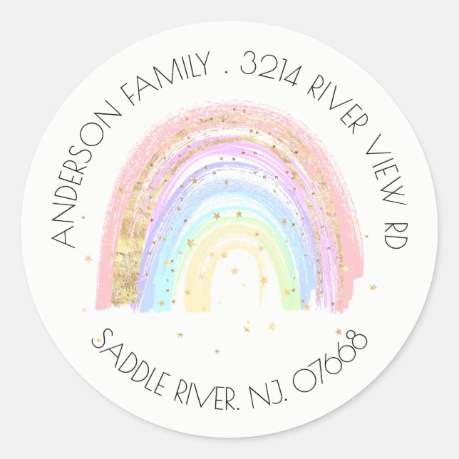 Modern Gold Pink Rainbow Address Label Runder Aufkleber (Vorderseite)
