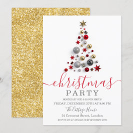 Modern Gold Red Bauble Tree Weihnachten Einladung