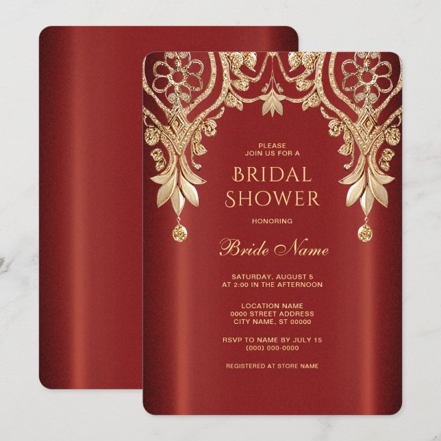Modern Gold Red Floral Bridal Shower Invitation (Devant / Derrière)