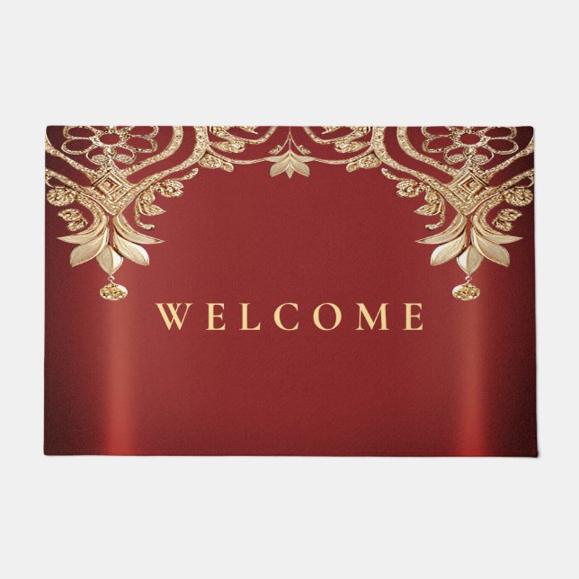 Modern Gold Red Floral Doormat Fußmatte (Vorderseite)