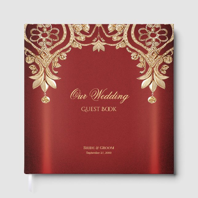Modern Gold Red Floral Guest Book Gästebuch (Vorderseite)