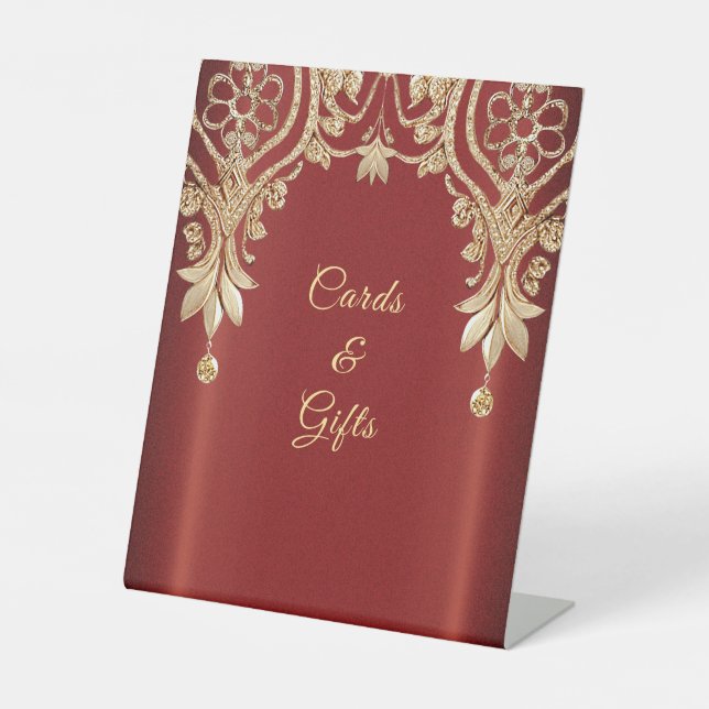 Modern Gold Red Floral Tabletop Signs Sockelschild (Vorderseite)