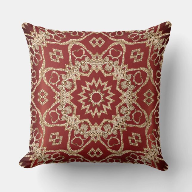 Modern Gold Red Floral Throw Pillow Kissen (Vorderseite)