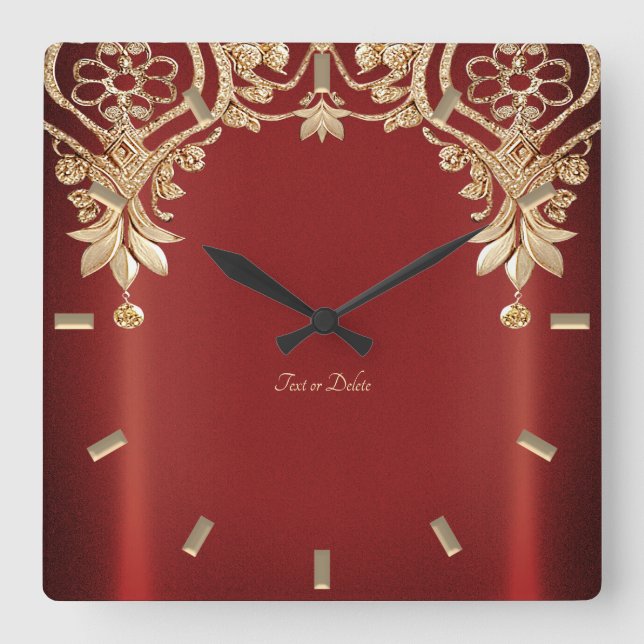 Modern Gold Red Floral Wall Clock Quadratische Wanduhr (Vorderseite)