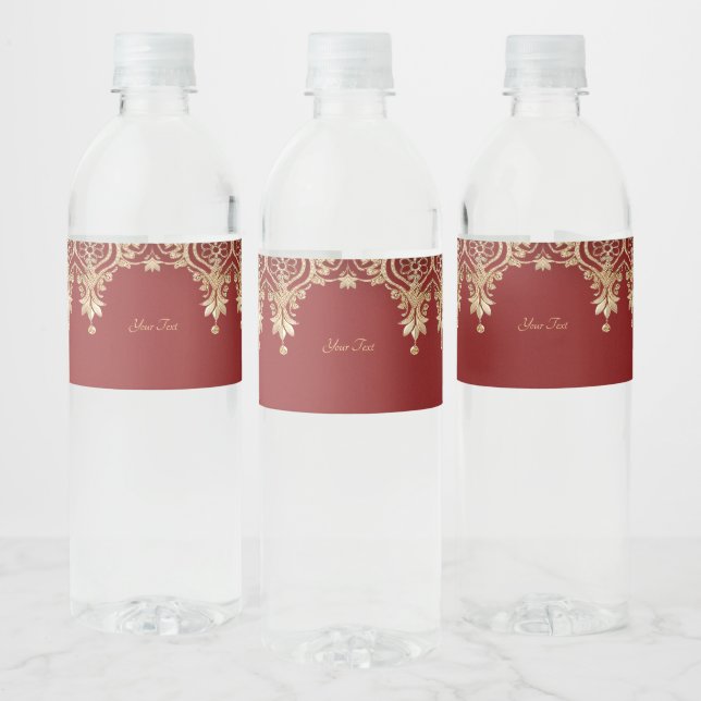Modern Gold Red Floral Water Bottle Label (Flaschen)