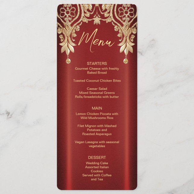 Modern Gold Red Floral Wedding Menu Menükarte (Vorderseite)