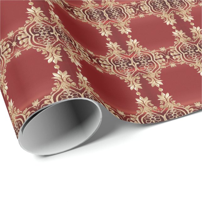 Modern Gold Red Floral Wrapping Paper Geschenkpapier (Rolleneckpunkt)