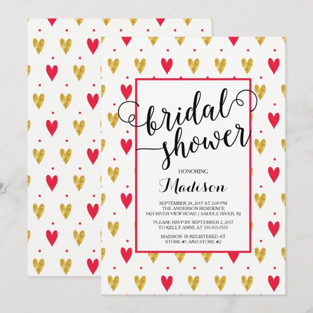 Modern Gold Red Hearts Bridal Dusche Einladung (Vorne/Hinten)