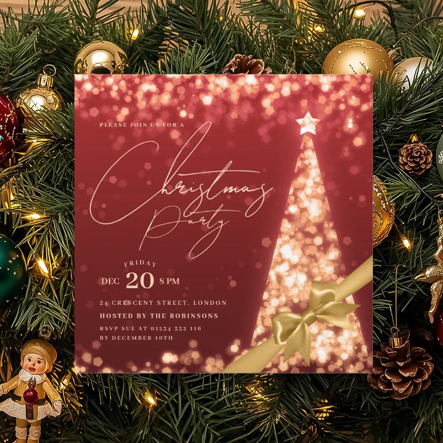 MODERN Gold Red Winter Christmas Tree Bow Party  Einladung (MODERN Gold Red Winter Christmas Tree Bow Party Invitation)