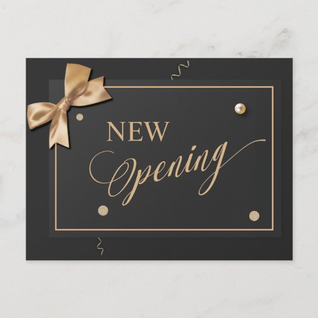 Modern Gold Ribbon Black New Opening Einladungspostkarte (Vorderseite)