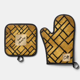 Modern Gold Schwarz Vintag Art Deco Collection Ofenhandschuh & Topflappen-Set