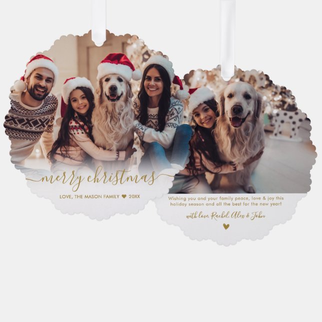 Modern Gold Script 2 Family Foto Weihnachten Ornament Karte (Vorderseite/Rückseite)