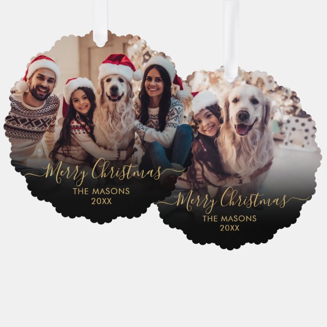 Modern Gold Script Black 2 Foto Weihnachten Ornament Karte (Vorderseite/Rückseite)