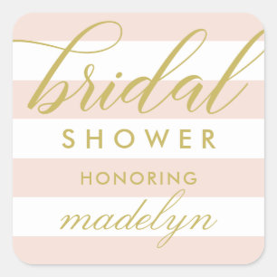 Modern Gold Script Blush Stripes Brautparty Quadratischer Aufkleber