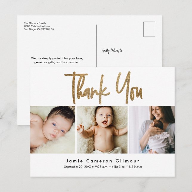 Modern Gold Script Custom 3 Foto Baby Postkarte (Vorne/Hinten)