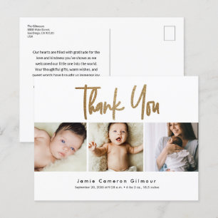 Modern Gold Script Custom 3 Foto Baby Vielen Dank Postkarte