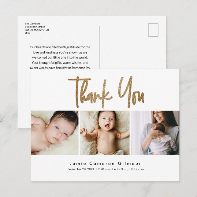 Modern Gold Script Custom 3 Foto Baby Vielen Dank Postkarte (Vorne/Hinten)