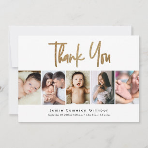 Modern Gold Script Custom 5 Foto Baby Dankeskarte