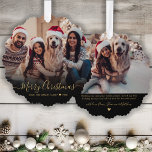 Modern Gold Script Einfach 2 Foto Weihnachten Ornament Karte<br><div class="desc">Moderne Niedliche Minimalistische Gold Script 2 Foto Frohe Weihnachts Script Holiday Ornament Card. Dieses festliche, einfache minimalistische, skurrile Zwei-Foto-Urlaubskarten-Template zeigt "Frohe Weihnachten" Grußtext, der in einem handgeschriebenen Wirblen Swash-Schwanz-Schriftart Goldkalligraphie-Foto-Overlay geschrieben ist. Auf der Rückseite mit Ihrer Grußbotschaft mit einem kleinen Herzstück und einer Bildvorlage. Hübsche Grußkarte für Ihre Familie und...</div>