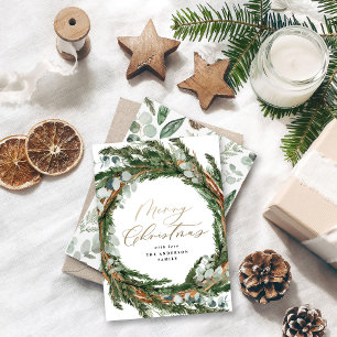 Modern gold script eucalyptus botanical Christmas Feiertagskarte