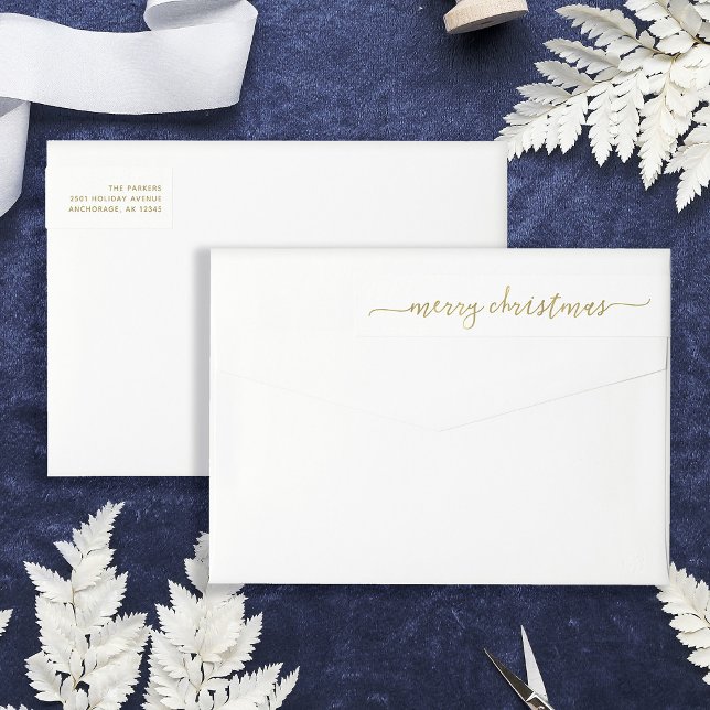 Modern Gold Script | Frohe Weihnachtsadresse (Stylish and elegant wrap-around return address labels for Christmas)
