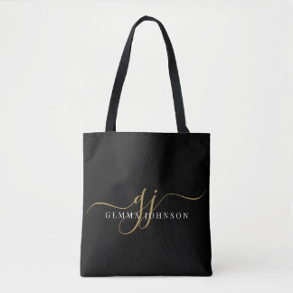 Modern Gold Script Monogram Initials Black Tasche