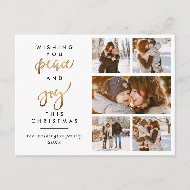 Modern Gold Script Peace & Freude Weihnachten 5 Fo Postkarte (Vorderseite)