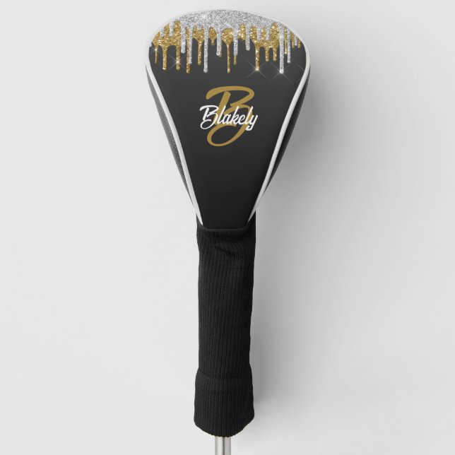 Modern Gold Silver Glitzer Tropfen Monogram Sparkl Golf Headcover (Vorderseite)