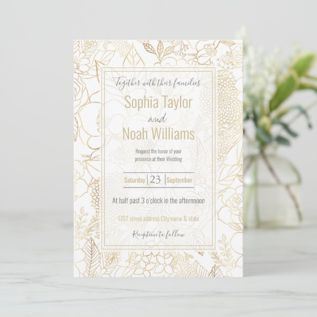Modern Gold White Floral Doodles Line Art (Stehend Vorderseite)