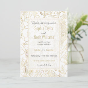 Modern Gold White Floral Doodles Line Art