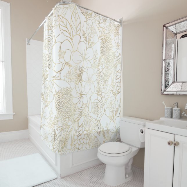 Modern Gold White Floral Doodles Line Art Duschvorhang (Beispiel)