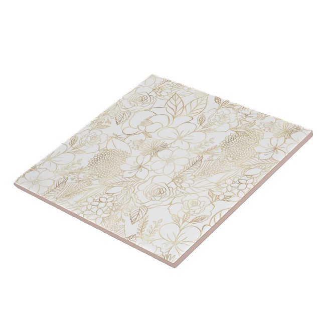 Modern Gold White Floral Doodles Line Art Fliese (Seite)