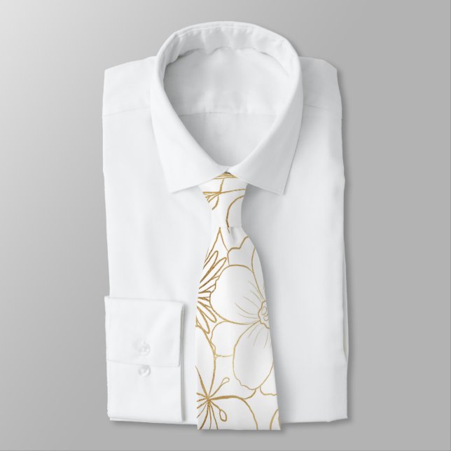 Modern Gold White Floral Doodles Line Art Krawatte (Gebunden)