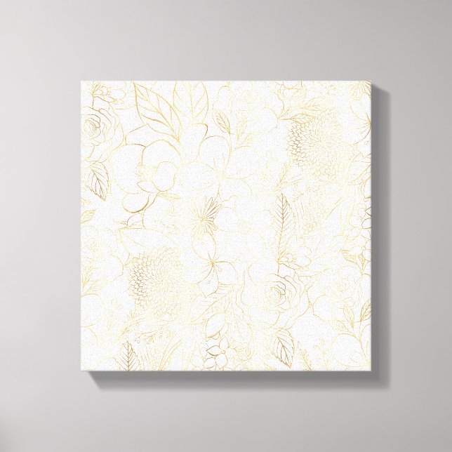 Modern Gold White Floral Doodles Line Art Leinwanddruck (Vorderseite)