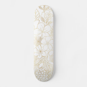 Modern Gold White Floral Doodles Line Art Skateboard