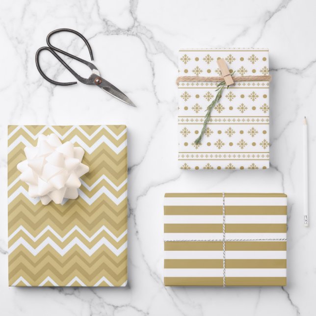 Modern Gold White Geometric Strip Weihnachten Geschenkpapier Set (Vorderseite)