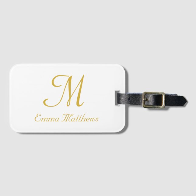 Modern Gold & White Monogram Name Travel Holiday  Gepäckanhänger (Vorderseite (Horizontal))