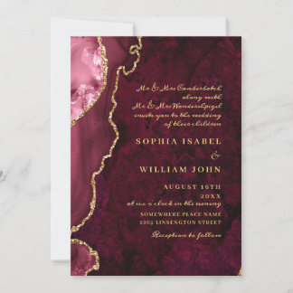 Modern Golden Burgund Marble Agate Wedding Einladung