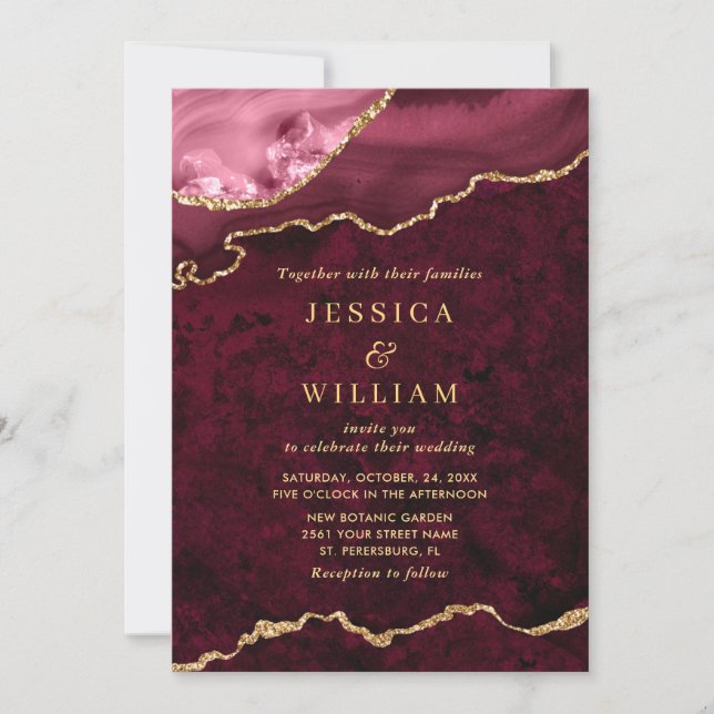 Modern Golden Burgund Marble Agate Wedding Einladung (Vorderseite)