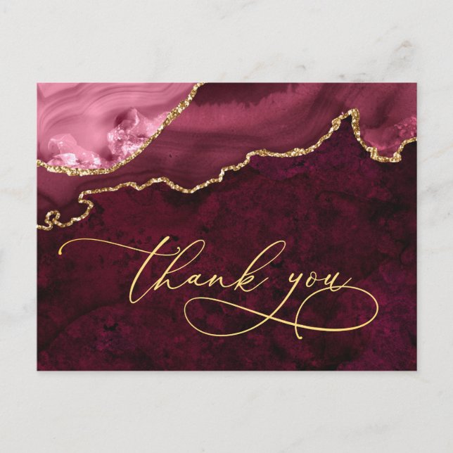 Modern Golden Burgundy Marble Wedding Vielen Dank Postkarte (Vorderseite)