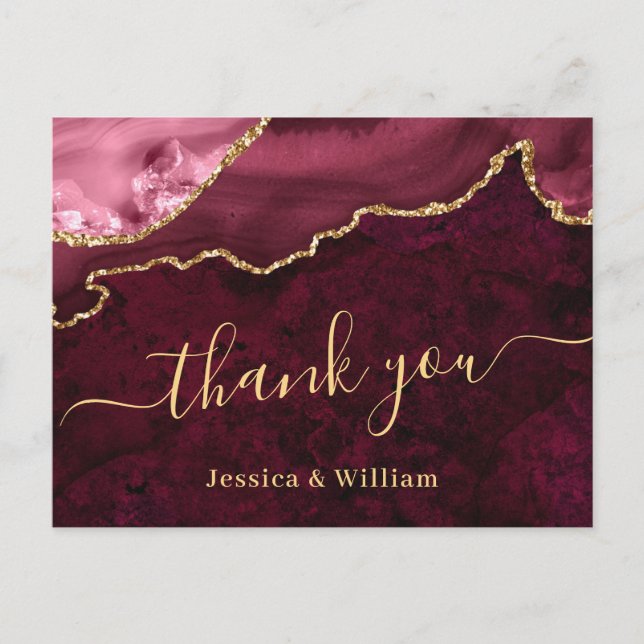 Modern Golden Burgundy Marble Wedding Vielen Dank Postkarte (Vorderseite)