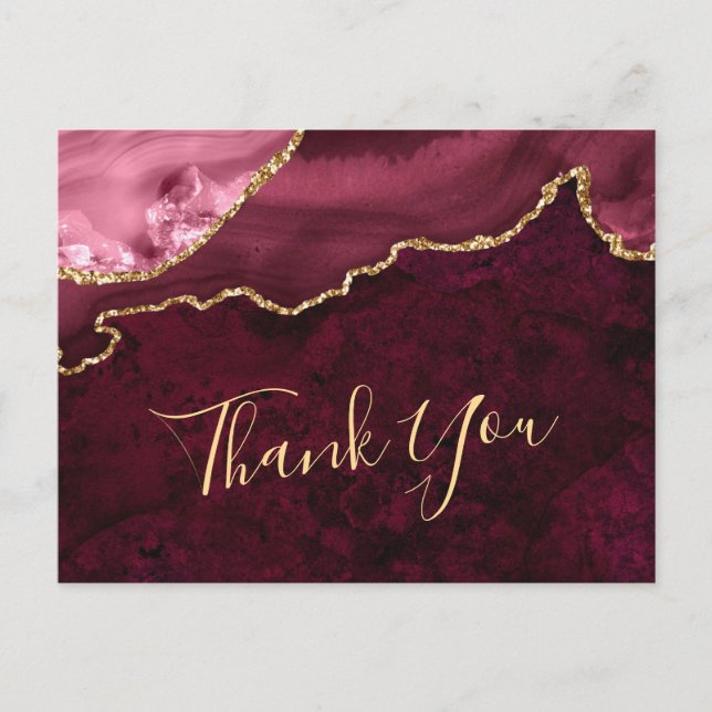Modern Golden Burgundy Marble Wedding Vielen Dank Postkarte (Vorderseite)