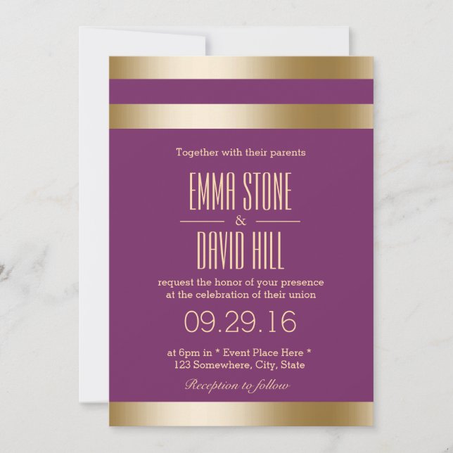 Modern Golden Foil Streifen Elegante Lila Hochzeit Einladung (Vorderseite)