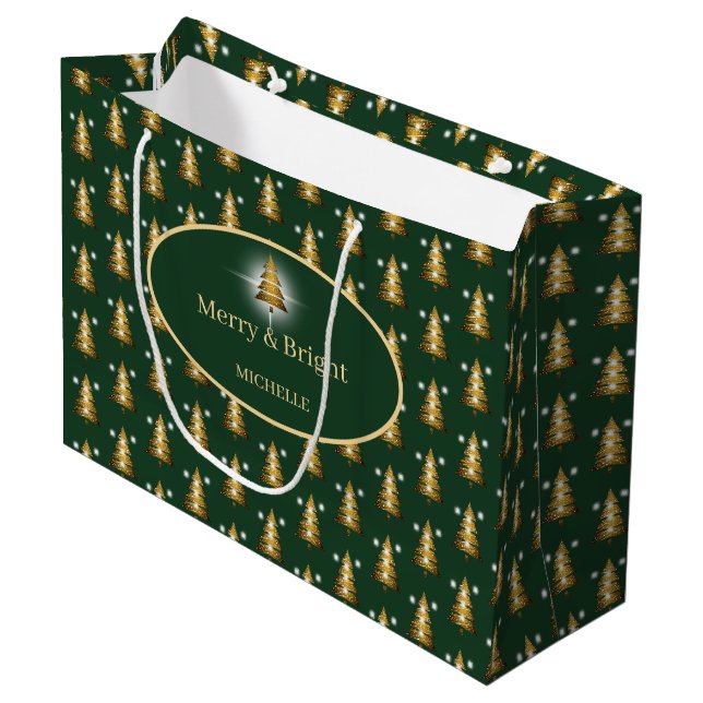 Modern Golden Glitter Green Christmas Tree  Große Geschenktüte (Vorderseite Schrägansicht)