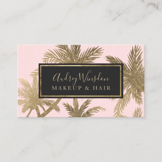 Modern Goldfolie Rosa Palme Makeup Haar Drehbuch Visitenkarte (Vorderseite)