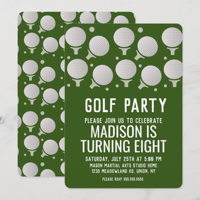 Modern Golf Balls Birthday Party Green Einladung (Vorne/Hinten)