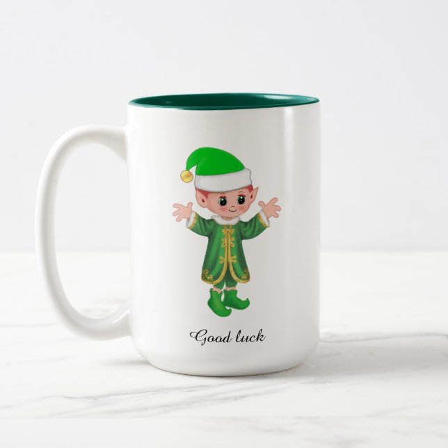 Modern Good Luck Elf with Script and Monogram Mug (Gauche)