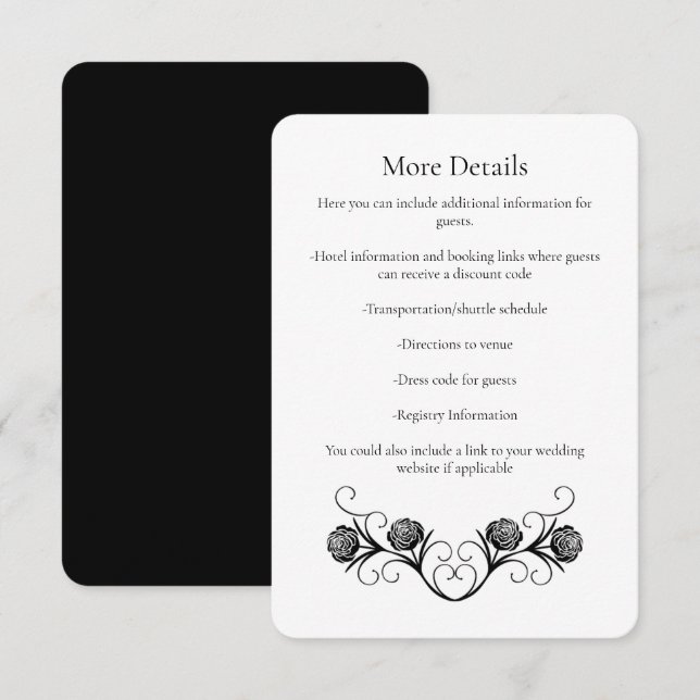 Modern Gothic Rose Swirls Black and White Wedding Begleitkarte (Vorne/Hinten)