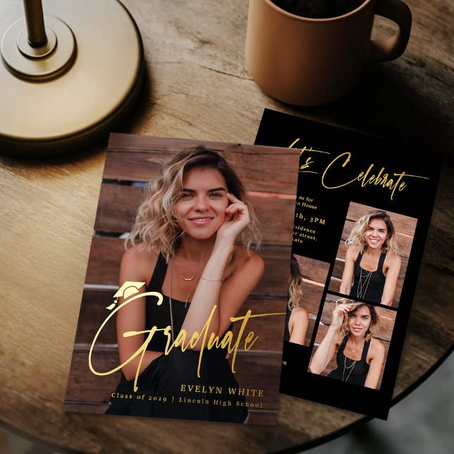 Modern Grad Cap Script 4 Photo Simple Graduation Folieneinladung (Modern Grad Cap Script 4 Photo Simple Graduation Foil Invitation)