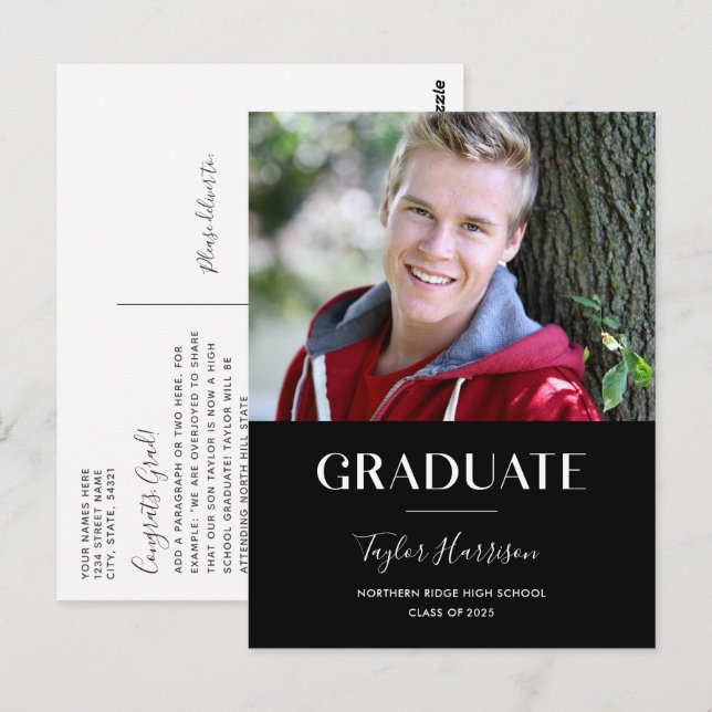 Modern Graduate Black & White Graduation Party Postkarte (Vorne/Hinten)